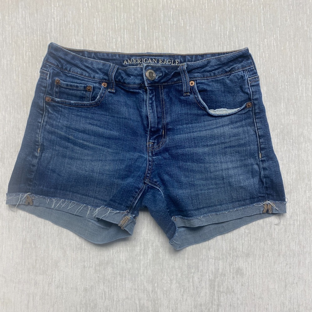 American Eagle Tomgirl Midi Shorts Womens 4 Blue Stretch Cuffed Hem Denim 371